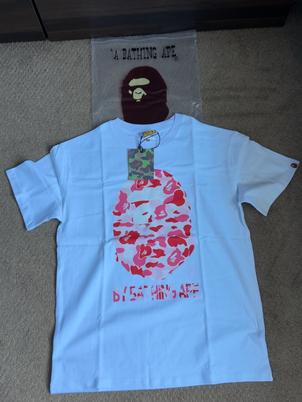 Bape White Kids Tee with Pink Camouflage Ape Head S-M